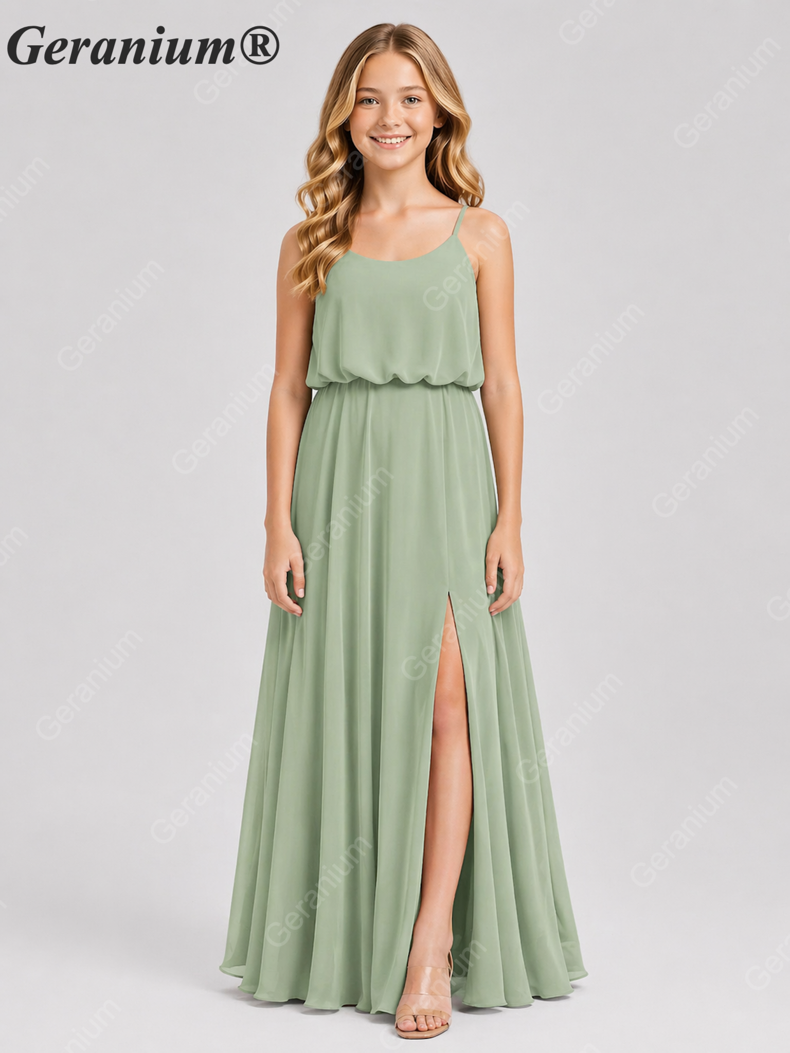 Geranium Elegant Chiffon Spaghetti Strap Junior Bridesmaid Dress with Leg Slit KD-314