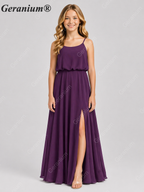 Geranium Elegant Chiffon Spaghetti Strap Junior Bridesmaid Dress with Leg Slit KD-314