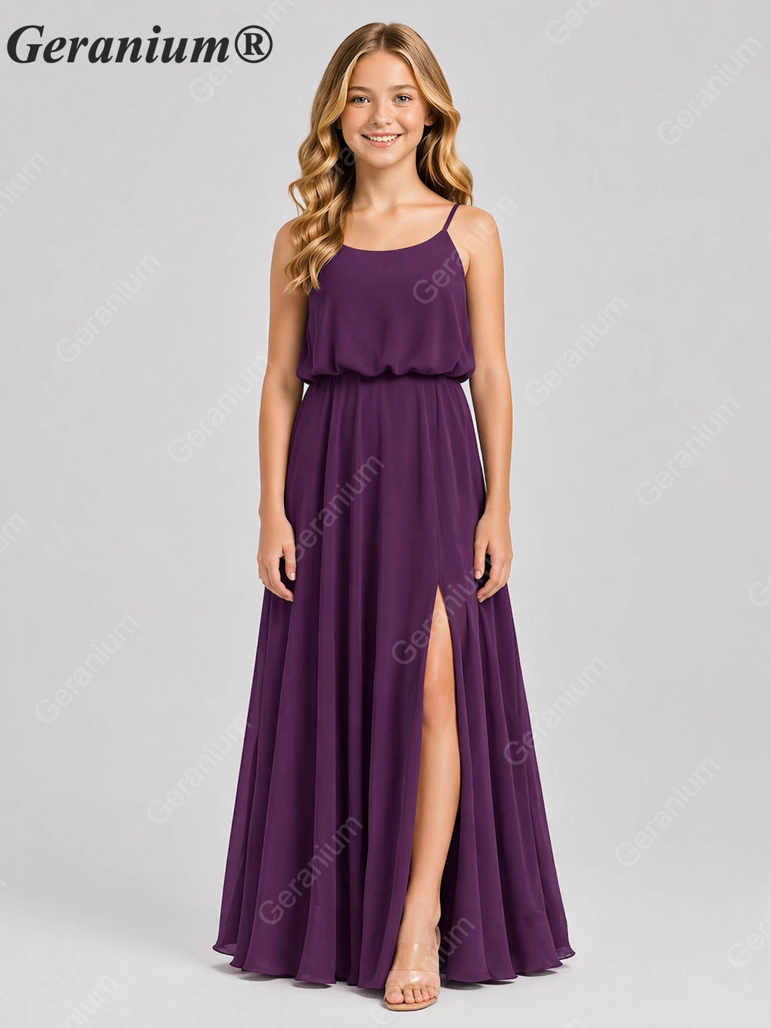 Geranium Elegant Chiffon Spaghetti Strap Junior Bridesmaid Dress with Leg Slit KD-314