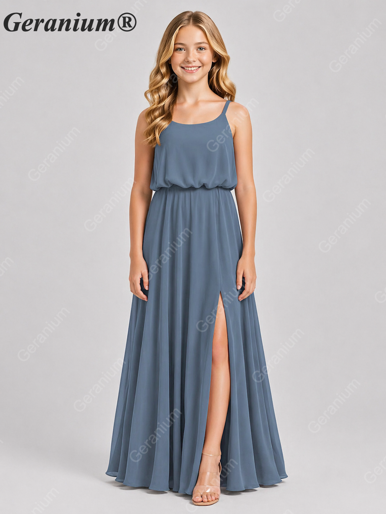 Geranium Elegant Chiffon Spaghetti Strap Junior Bridesmaid Dress with Leg Slit KD-314