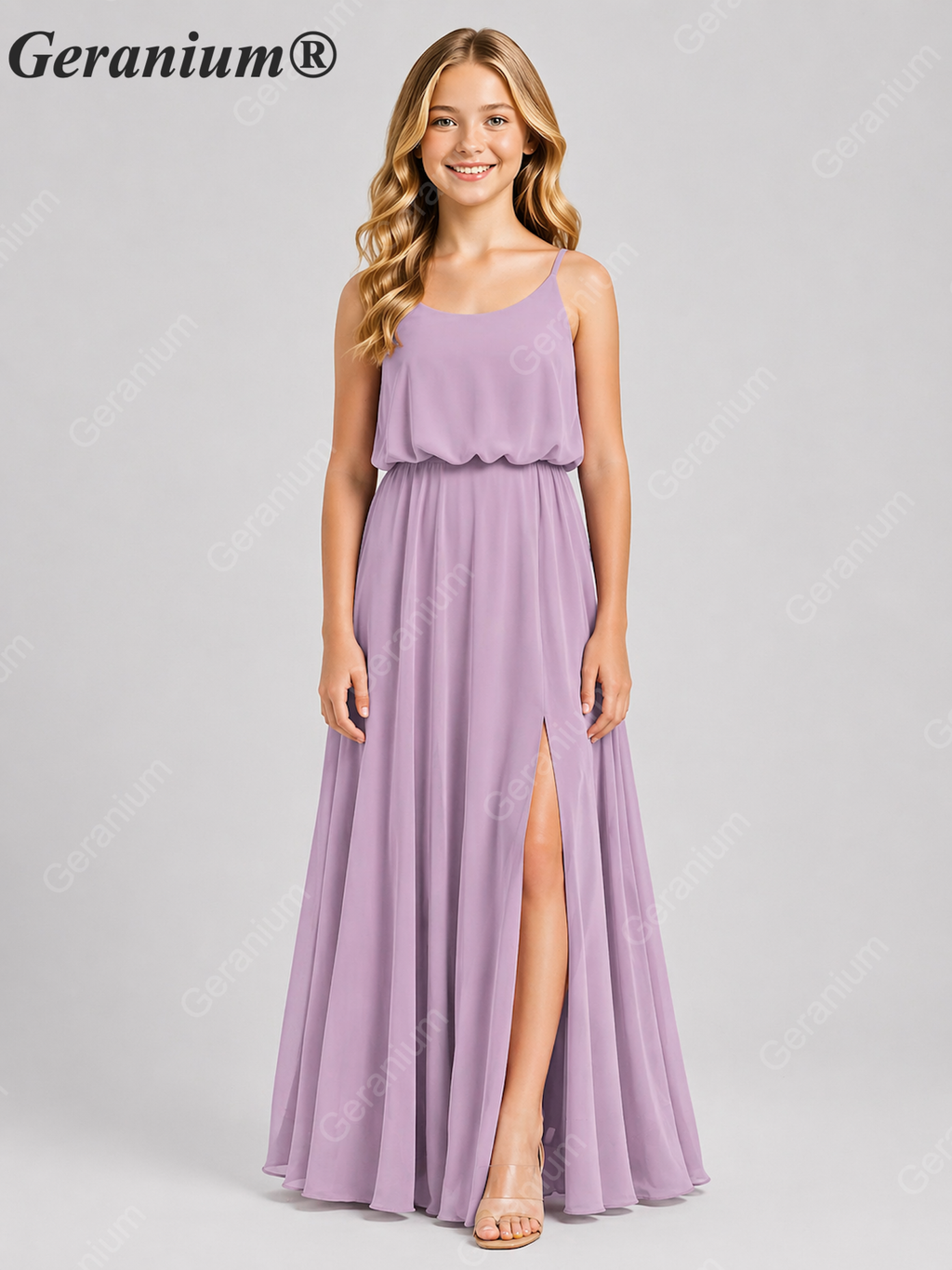 Geranium Elegant Chiffon Spaghetti Strap Junior Bridesmaid Dress with Leg Slit KD-314