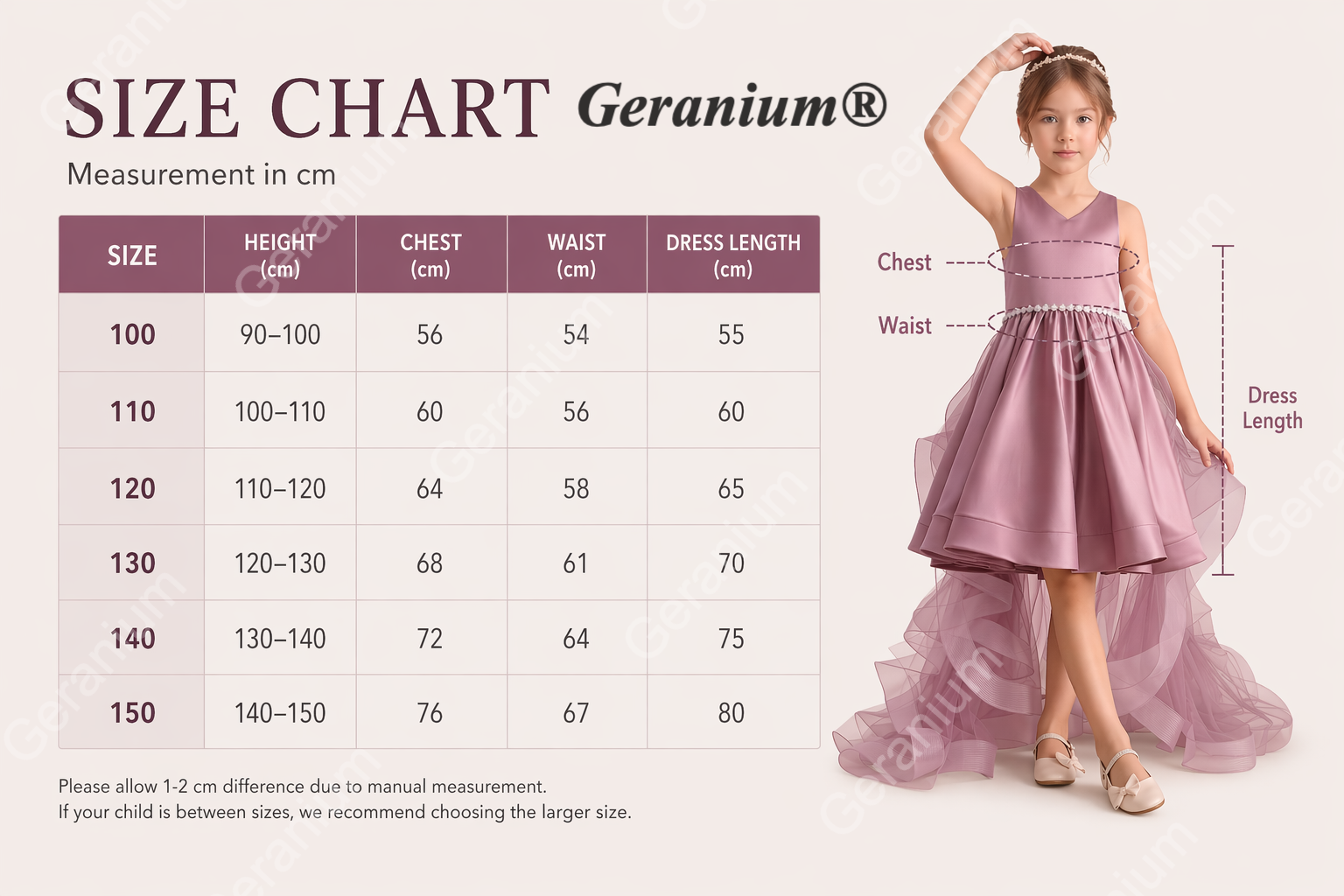 Geranium Girls Mauve Satin Hi-Low Dress with Pearl Waistband & Detachable Ruffled Tulle Train KD-283