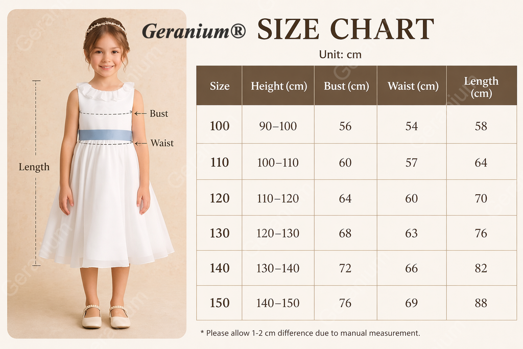 Geranium Elegant White Chiffon Flower Girl Dress with Dusty Blue Detachable Bow Sash & Ruffle Neckline KD-284