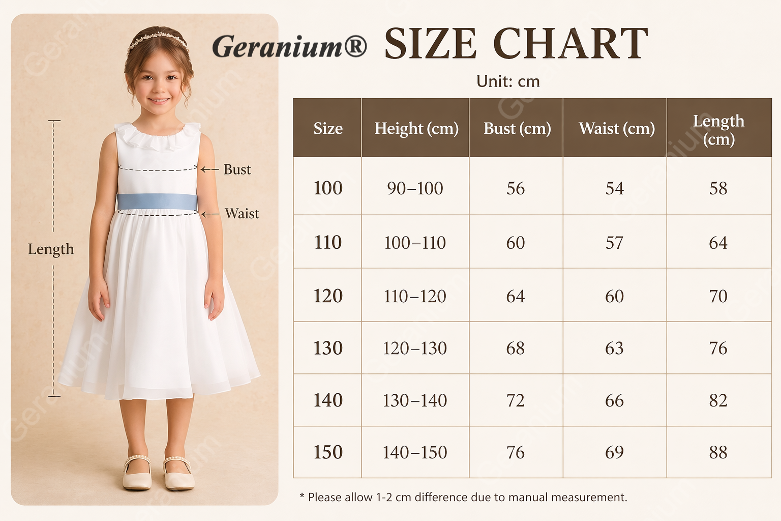 Geranium Elegant White Chiffon Flower Girl Dress with Dusty Blue Detachable Bow Sash & Ruffle Neckline KD-284