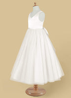 Geranium Simple V-Neck Satin & Tulle Flower Girl Dress - Elegant A-Line Ball Gown with Oversized Back Bow KD-199