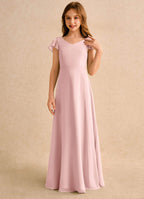 Geranium Blush Pink Chiffon Junior Bridesmaid Dress with Flutter Sleeves & Crisscross Back KD-147