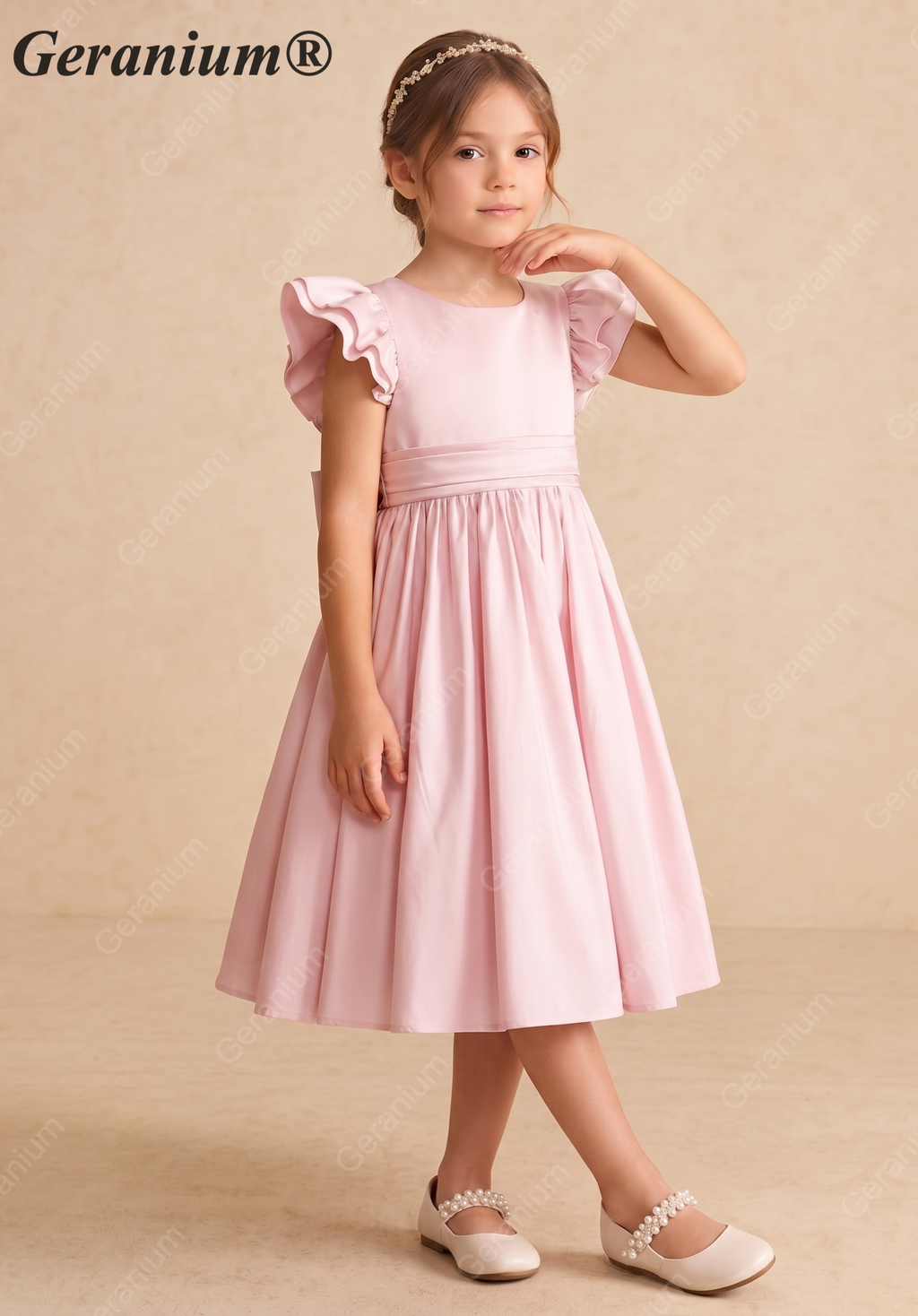 Geranium Elegant Flutter Sleeve Pink Satin Flower Girl Dress with Oversized Back Bow KD-300