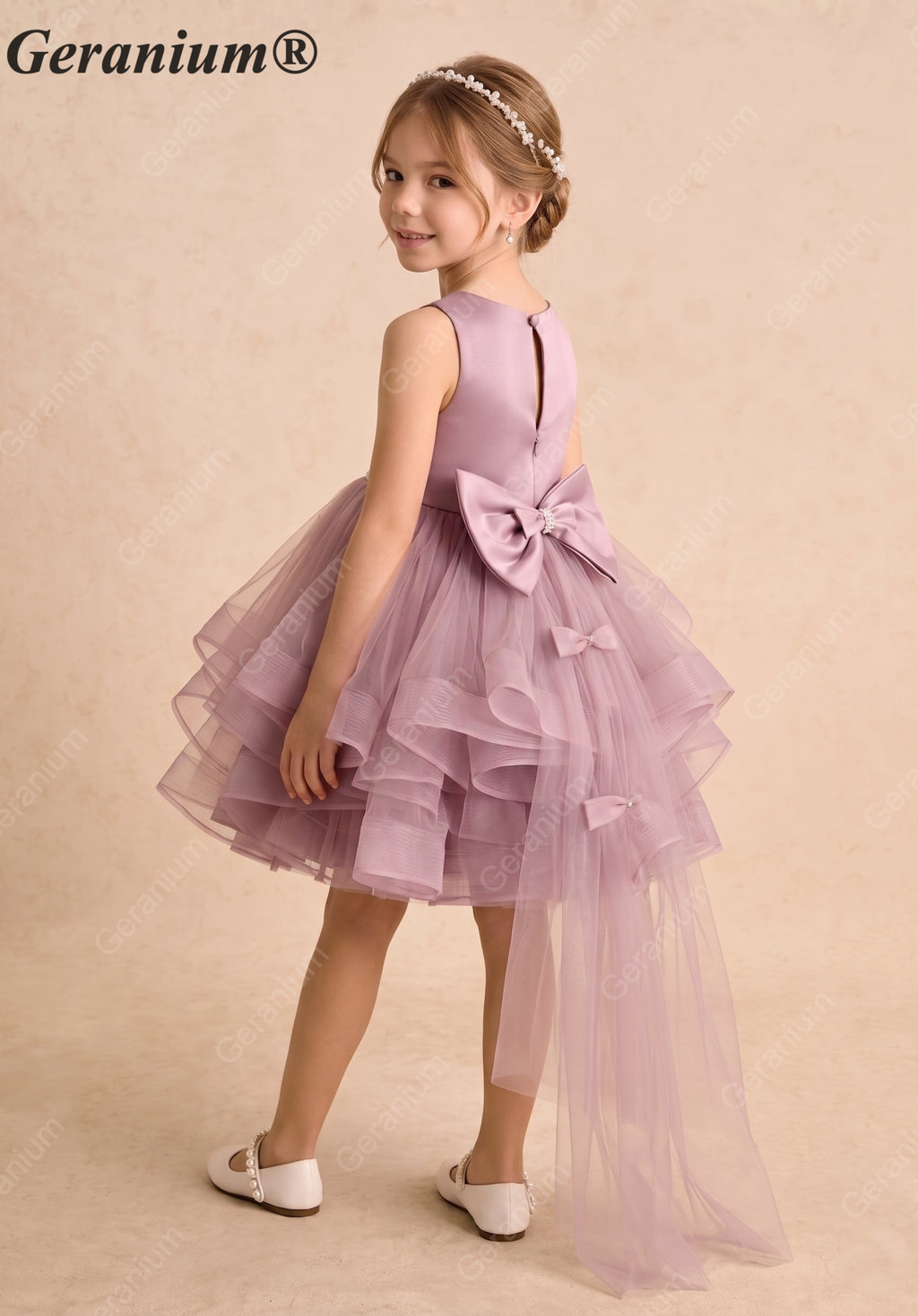 Garanium Girls Dusty Rose Multi-Tiered Tulle Party Dress - Luxury Pearl Waistband & Detachable Bow Train Flower Girl Gown KD-287