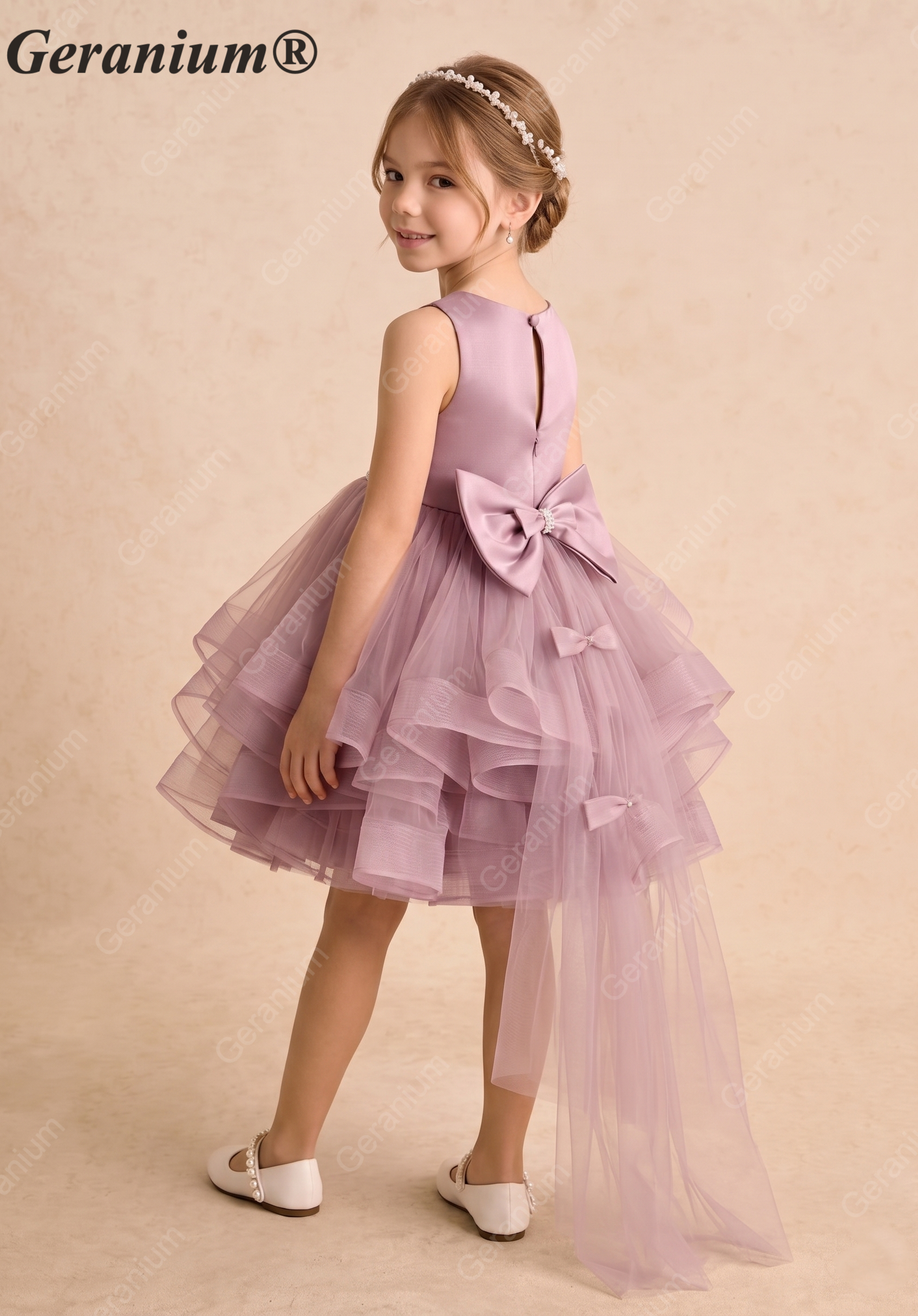 Garanium Girls Dusty Rose Multi-Tiered Tulle Party Dress - Luxury Pearl Waistband & Detachable Bow Train Flower Girl Gown KD-287