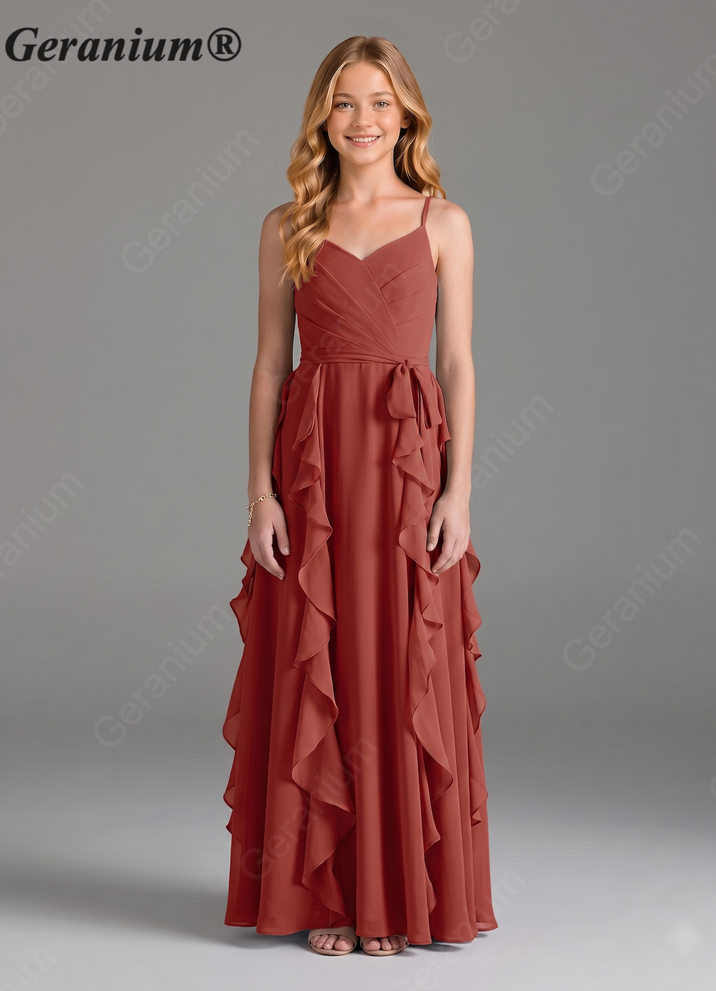 Geranium Sage Green Chiffon Junior Bridesmaid Dress with Ruffle Skirt – Spaghetti Strap V-Neck Teen Formal Dress KD-57