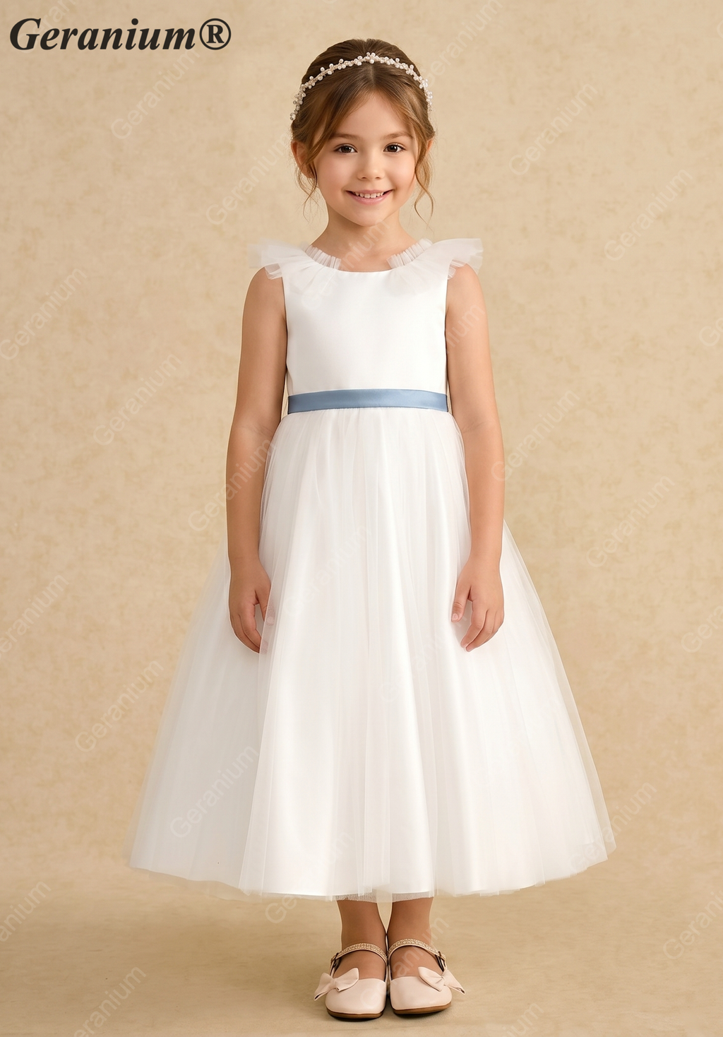 Geranium Ruffle V-Back Flower Girl Dress with Satin Bow Sash - Tulle T-Length Princess Party Gown KD-179