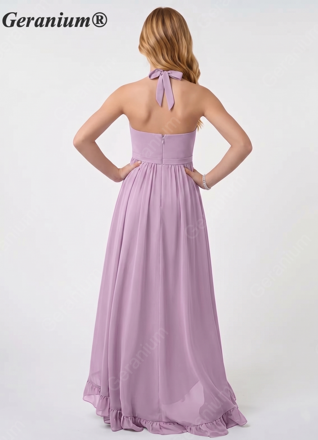 Geranium Lilac Halter High Low Junior Bridesmaid Dress with Floral Waist Chiffon Flowy Formal Dress for Girls KD-59