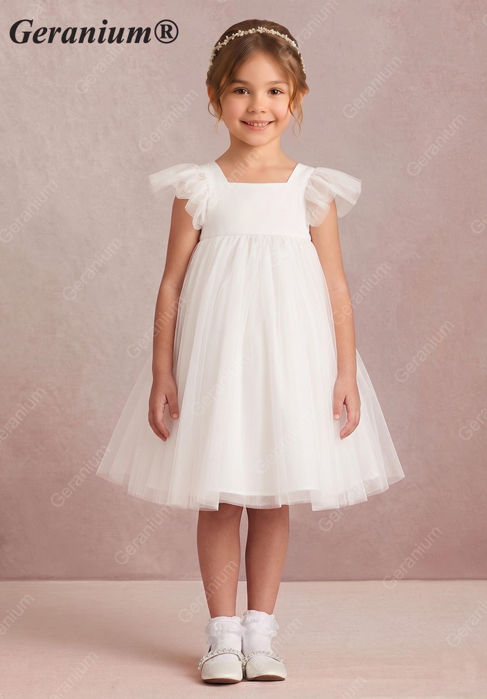 Geranium Girl's Tulle Princess Dress with Back Bow - Flutter Sleeve Flower Girl Gown for Weddings and Parties KD-242 Main image