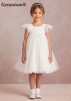 Geranium Girl's Tulle Princess Dress with Back Bow - Flutter Sleeve Flower Girl Gown for Weddings and Parties KD-242