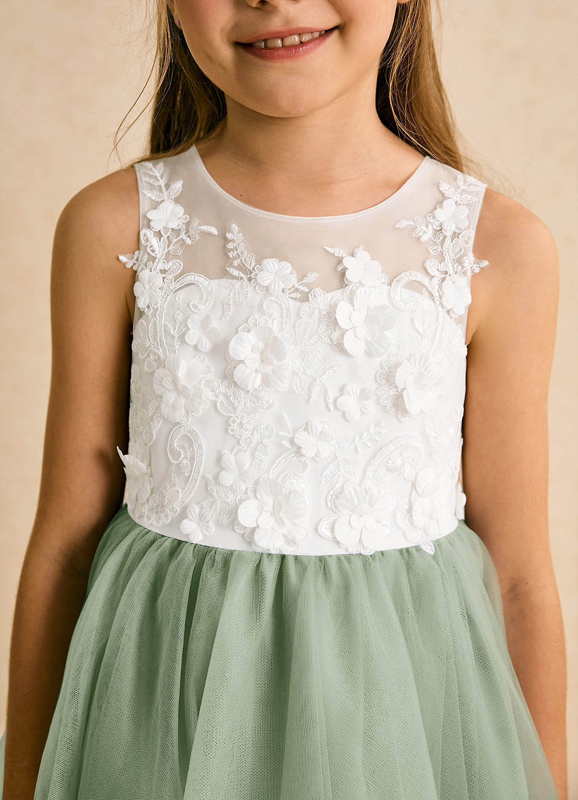 Geranium Sage Green Flower Girl Dress: Embroidered Lace Applique Bodice with Oversized Back Bow KD-200