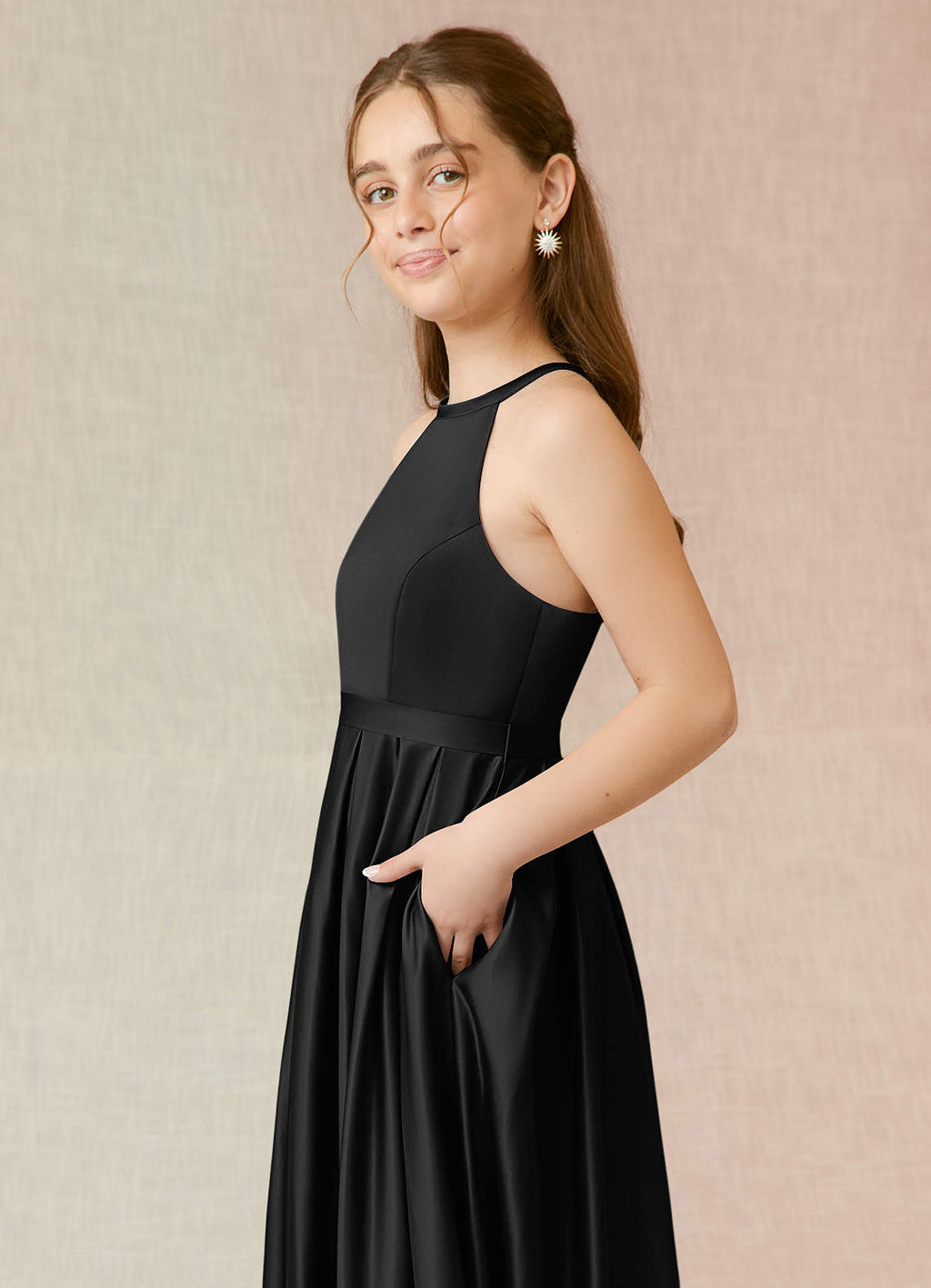 Geranium Elegant Black Halter Neck Satin A-Line Maxi Dress with Pockets & Bow Back KD-97