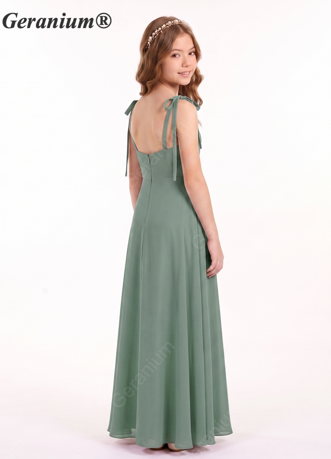 Geranium Sage Green Chiffon Junior Bridesmaid Dress with Tie Straps & Slit – KD-156 Secondary image
