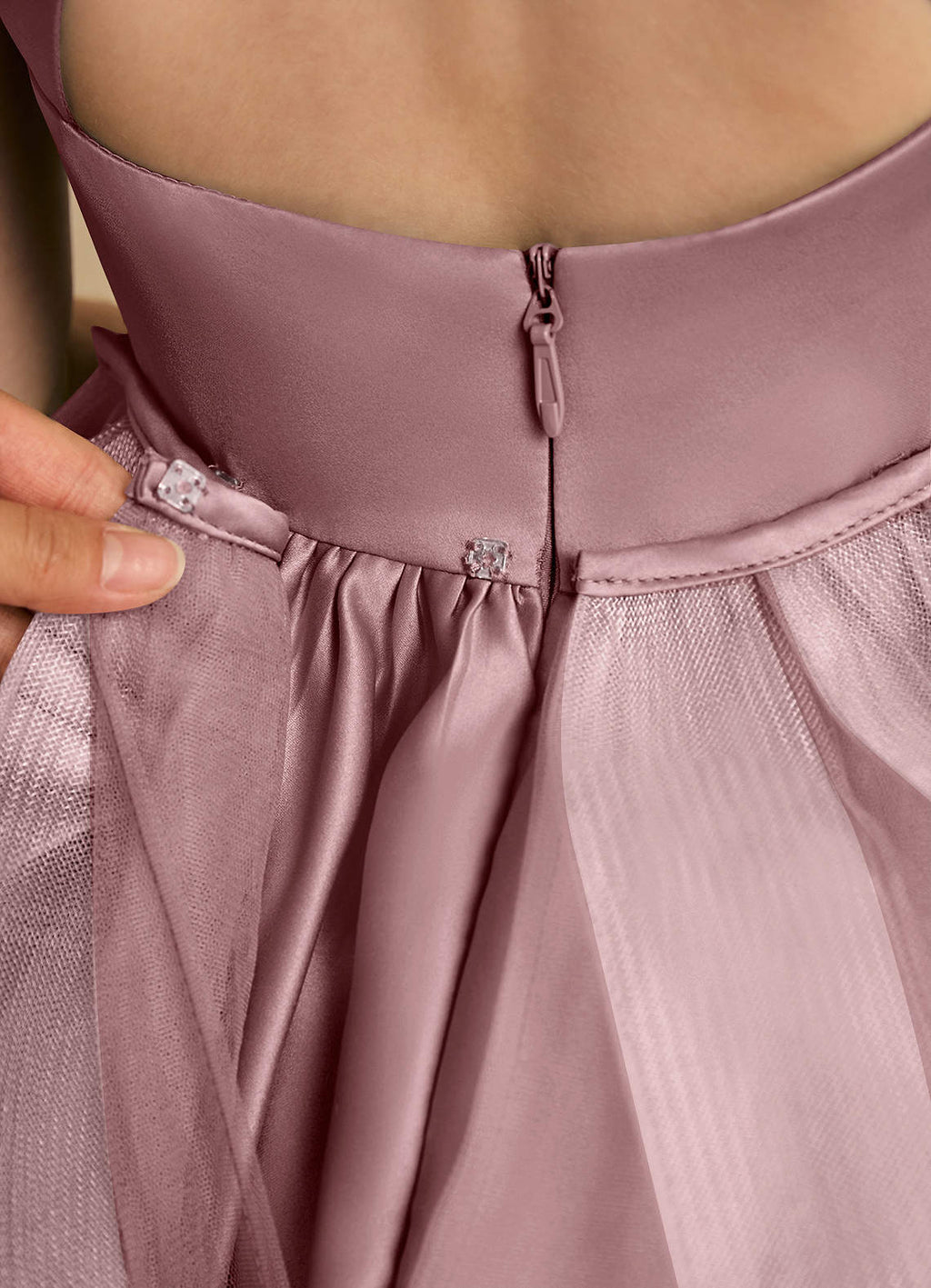 Geranium Girls Mauve Satin Hi-Low Dress with Pearl Waistband & Detachable Ruffled Tulle Train KD-283