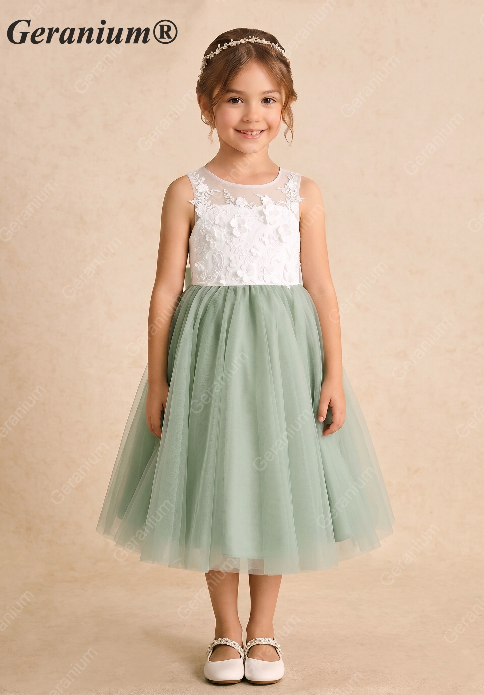 Geranium Sage Green Flower Girl Dress: Embroidered Lace Applique Bodice with Oversized Back Bow KD-200 Secondary image