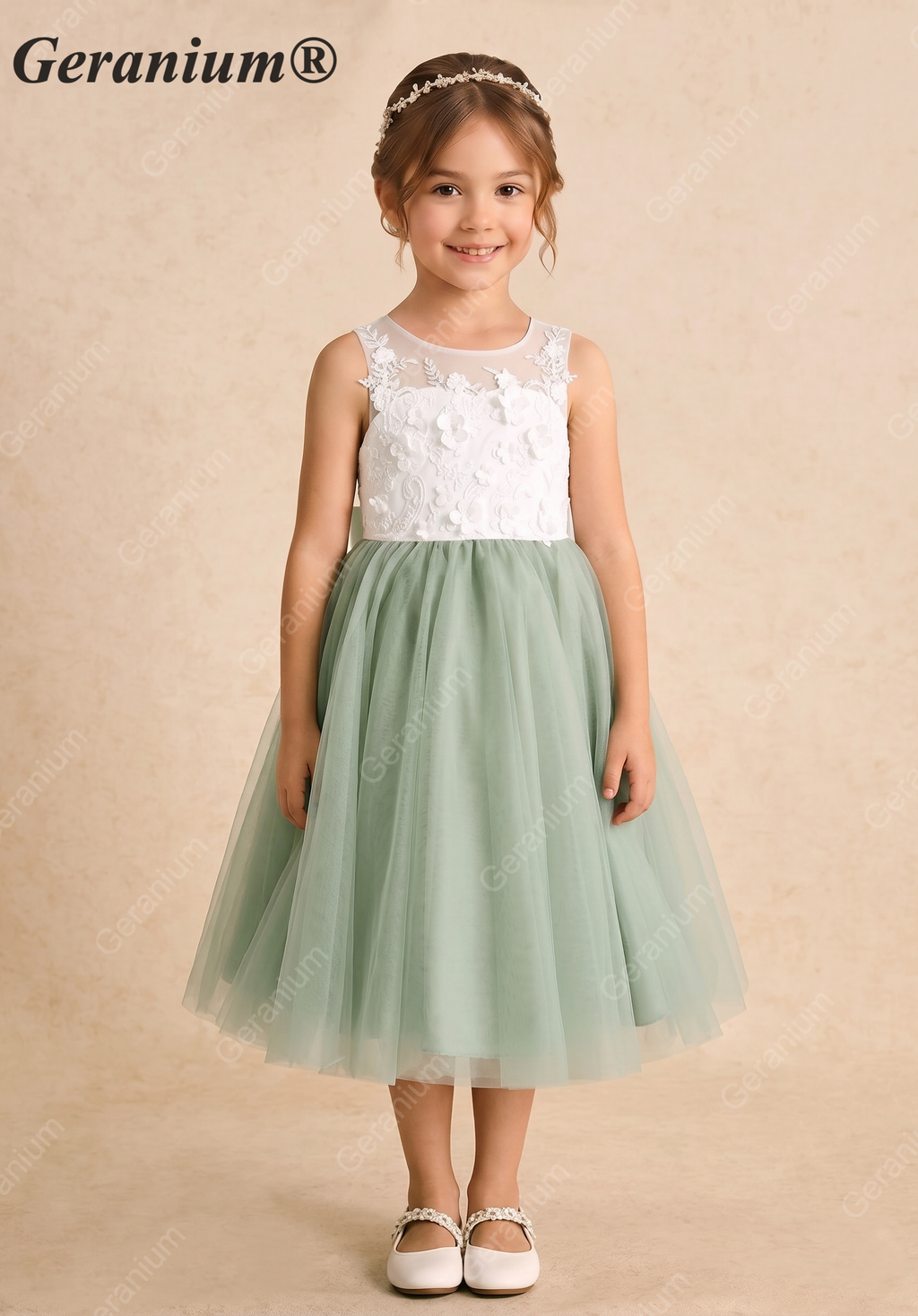 Geranium Sage Green Flower Girl Dress: Embroidered Lace Applique Bodice with Oversized Back Bow KD-200