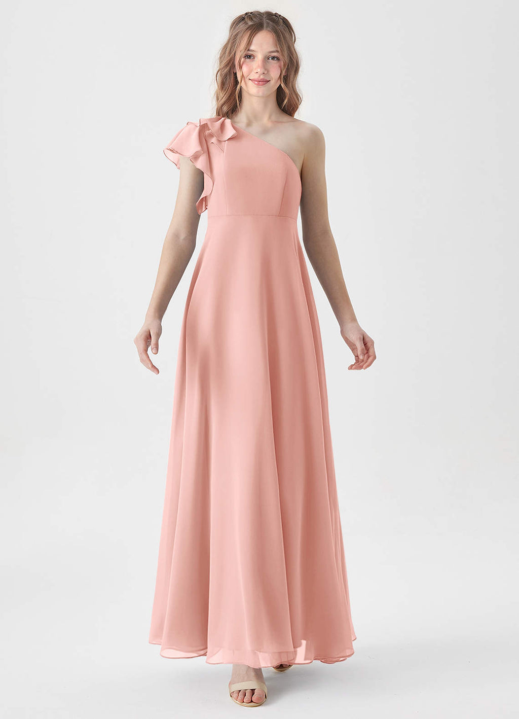 Geranium One Shoulder Chiffon Bridesmaid Dress with Ruffle Detail A-Line Floor Length Elegant Formal Gown KD-68
