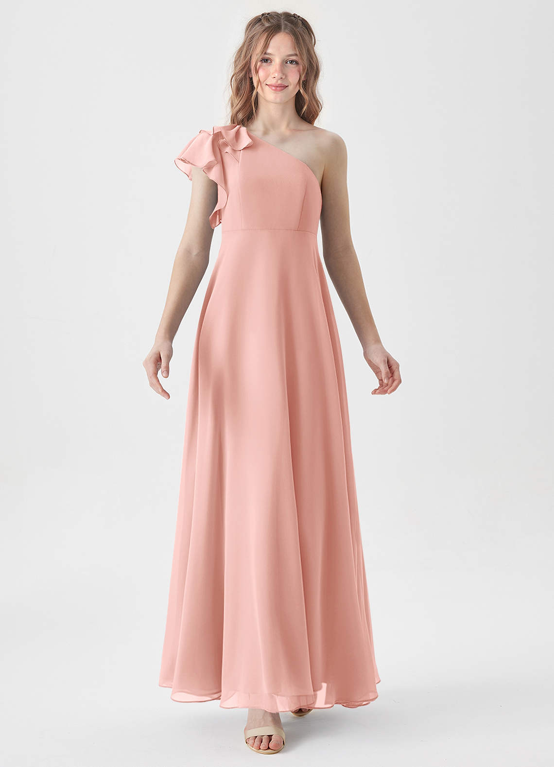 Geranium One Shoulder Chiffon Bridesmaid Dress with Ruffle Detail A-Line Floor Length Elegant Formal Gown KD-68