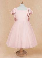 Geranium Girls Pink Ruffle Sleeve Satin Tulle Tutu Dress - Flower Girl Gown with Oversized Bow KD-219