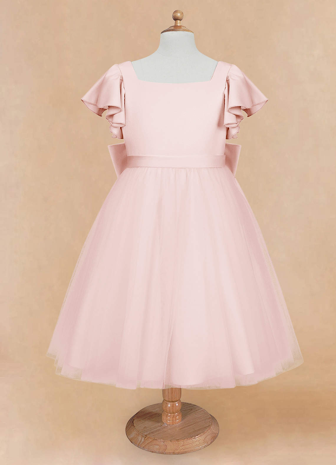 Geranium Girls Pink Ruffle Sleeve Satin Tulle Tutu Dress - Flower Girl Gown with Oversized Bow KD-219
