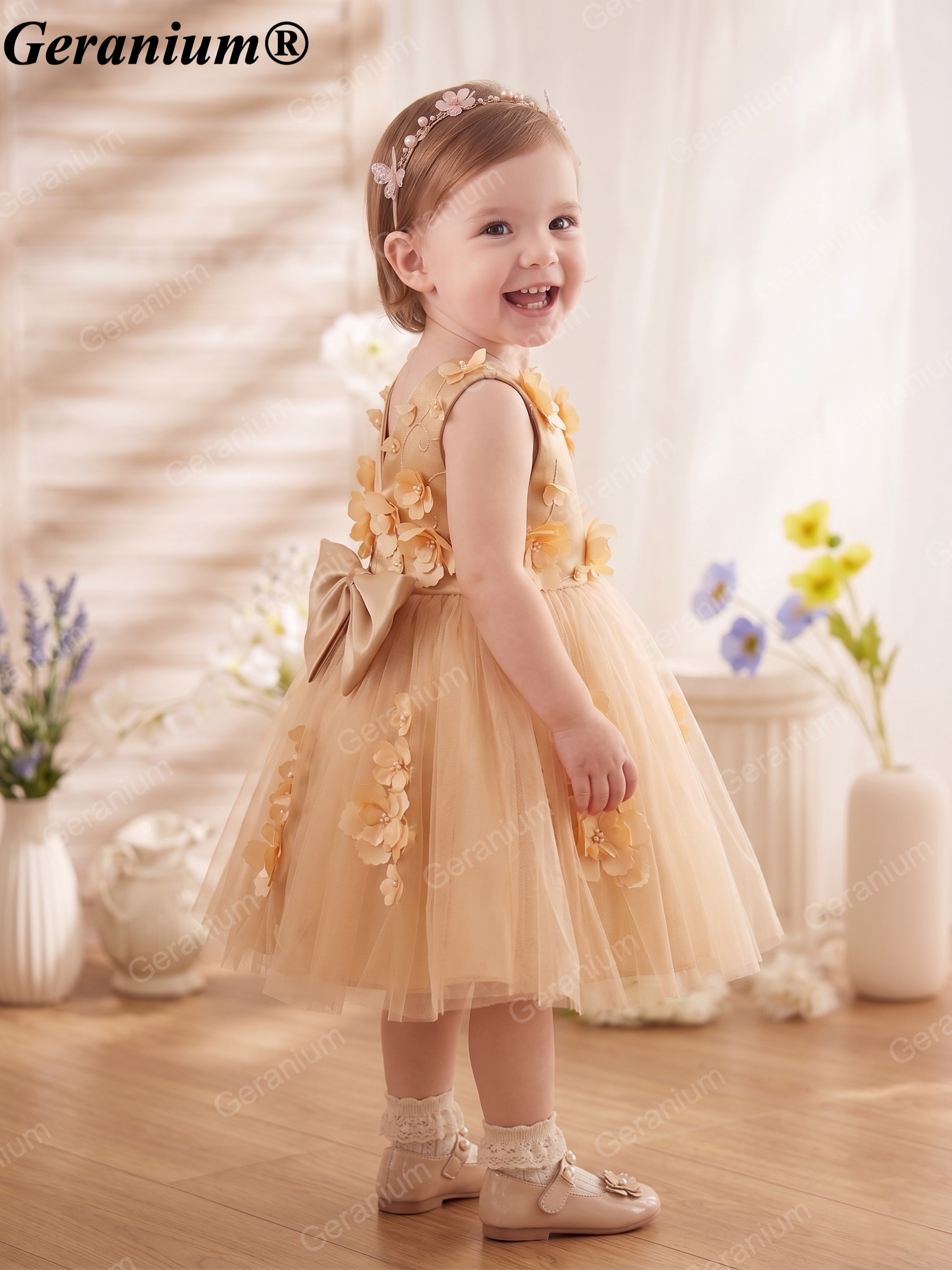 Geranium Champagne 3D Floral Tulle Flower Girl Dress with Bow Back – KD-27 Secondary image