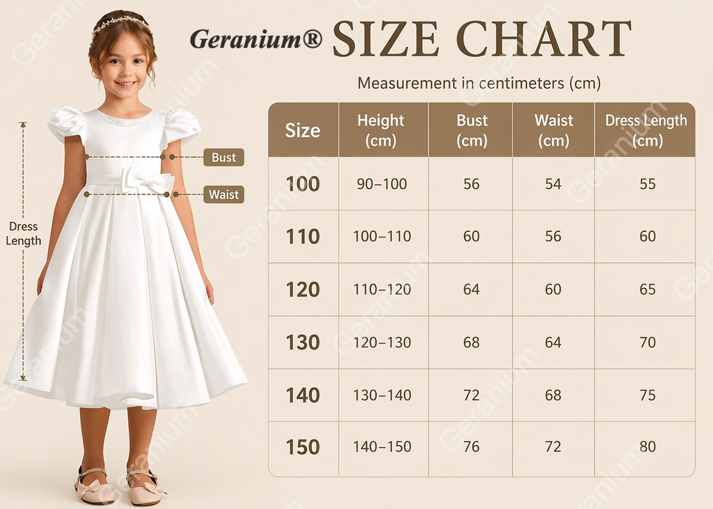 Geranium Elegant Pearl Beaded Neckline Satin Flower Girl Dress with Puff Sleeves & Back Bow KD-223