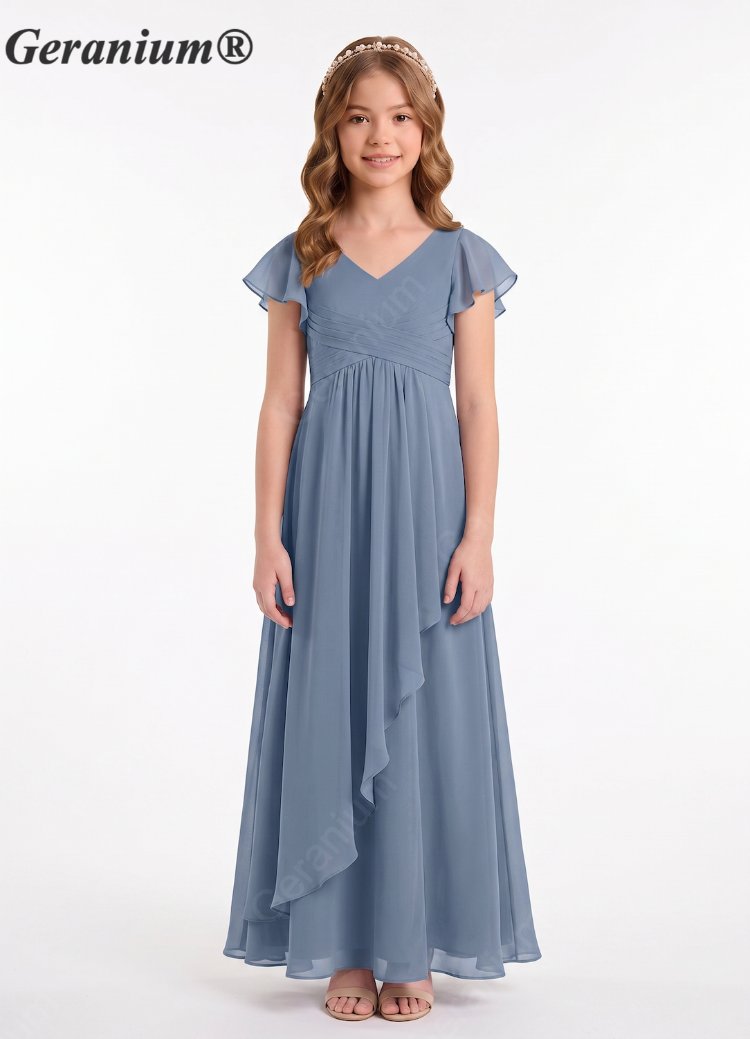 Geranium Dusty Blue Chiffon Flutter Sleeve Bridesmaid Dress with V-Neck & Side Slit KD-149 Main image