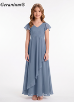 Geranium Dusty Blue Chiffon Flutter Sleeve Bridesmaid Dress with V-Neck & Side Slit KD-149