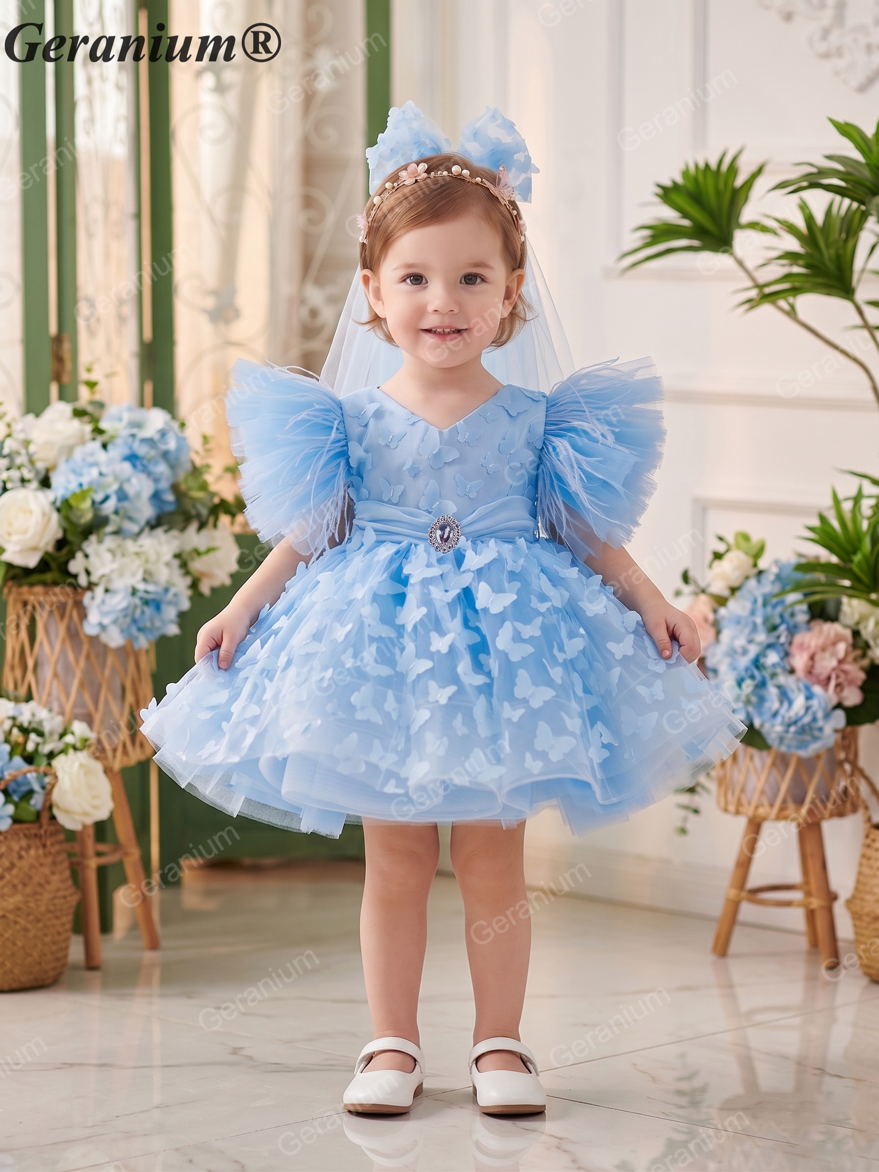 Geranium 3D Butterfly Appliqué Flower Girl Dress - Ruffled Wing Sleeves Tulle Tutu Birthday Party Gown with Matching Veil KD-372