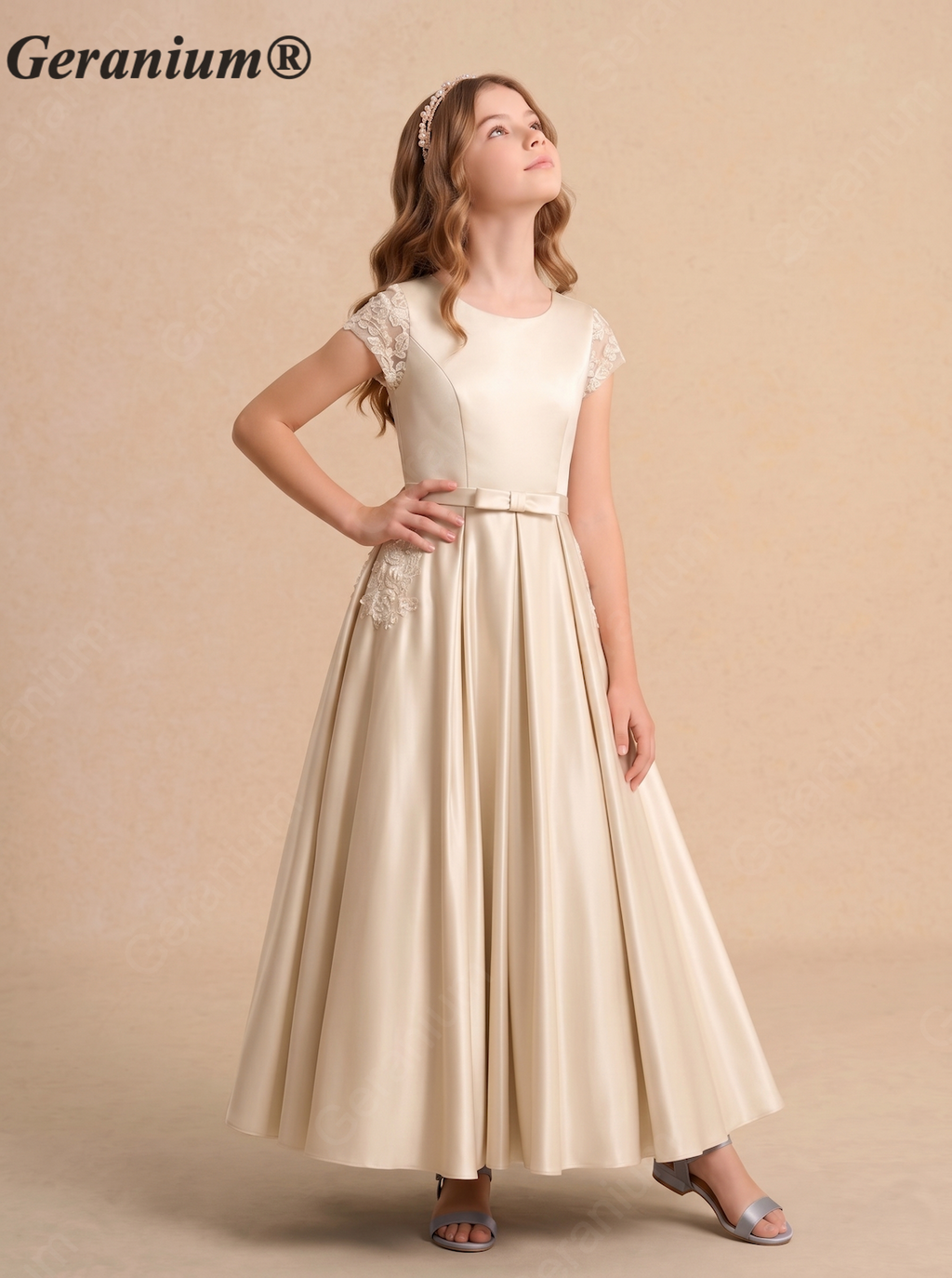 Geranium Champagne Lace Bodice Satin A-Line Flower Girl Dress with Detailed Hidden Pockets & Pearl Buttons KD-172