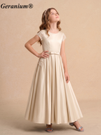 Geranium Champagne Lace Bodice Satin A-Line Flower Girl Dress with Detailed Hidden Pockets & Pearl Buttons KD-172