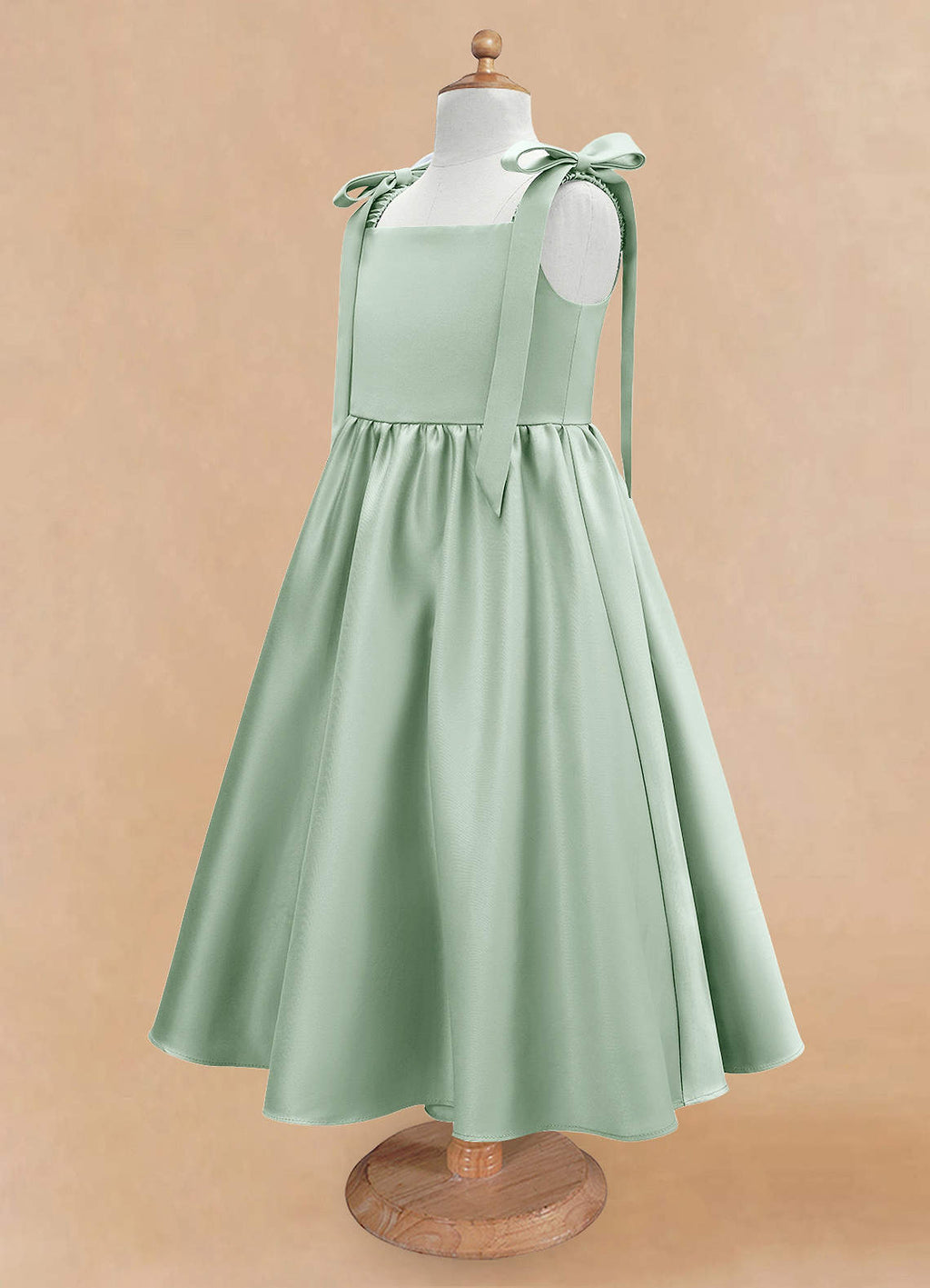 Gearanium Girls Sage Green Satin Flower Girl Dress - Tie-Shoulder A-Line Party Gown KD-288