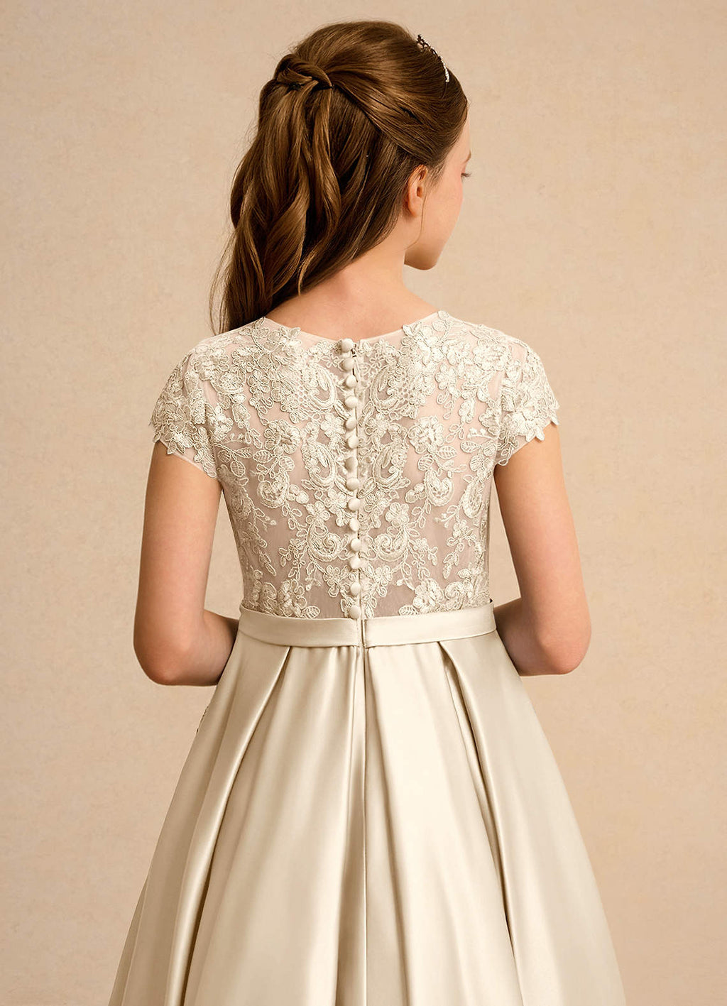 Geranium Champagne Lace Bodice Satin A-Line Flower Girl Dress with Detailed Hidden Pockets & Pearl Buttons KD-172