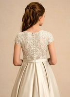 Geranium Champagne Lace Bodice Satin A-Line Flower Girl Dress with Detailed Hidden Pockets & Pearl Buttons KD-172