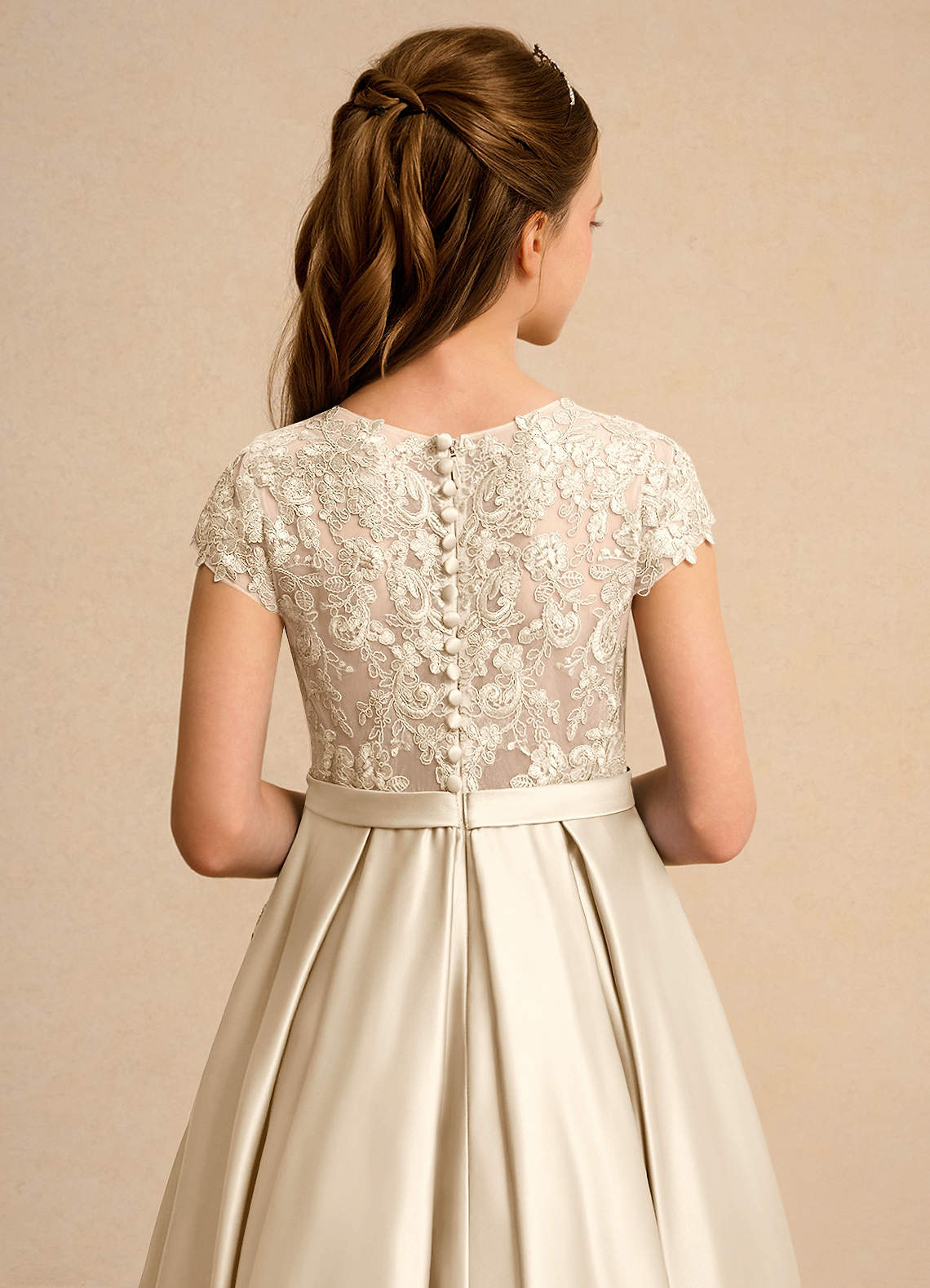 Geranium Champagne Lace Bodice Satin A-Line Flower Girl Dress with Detailed Hidden Pockets & Pearl Buttons KD-172