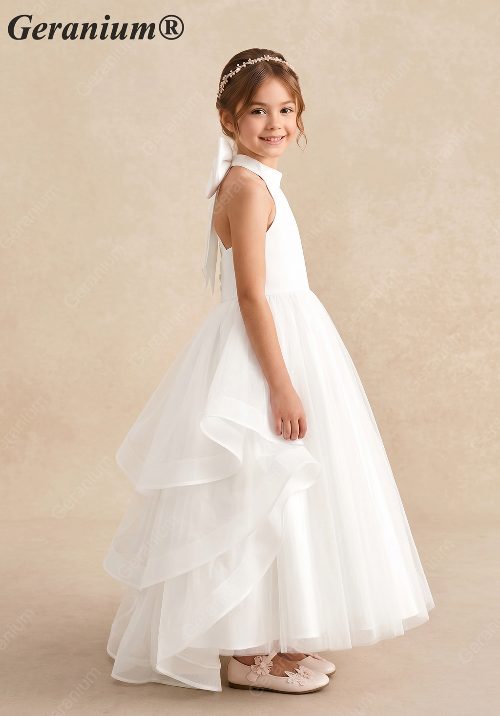 Geranium Elegant Halter Neck Satin Flower Girl Dress with Statement Back Bow & Tiered Tulle Skirt KD-193