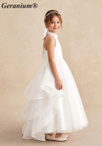 Geranium Elegant Halter Neck Satin Flower Girl Dress with Statement Back Bow & Tiered Tulle Skirt KD-193
