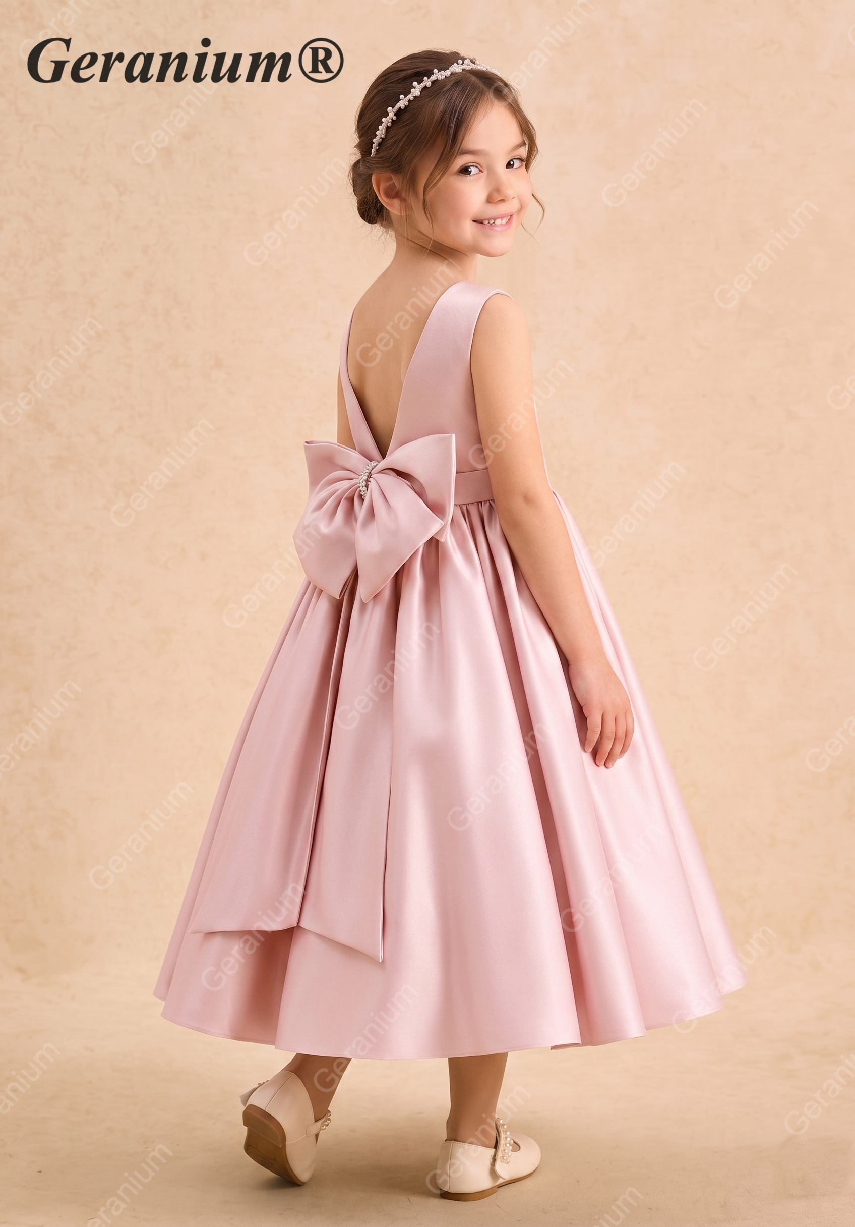 Geranium Elegant Pink Satin Flower Girl Dress with Pearl Neckline & Oversized Back Bow - Sleeveless A-Line Princess Gown KD-246