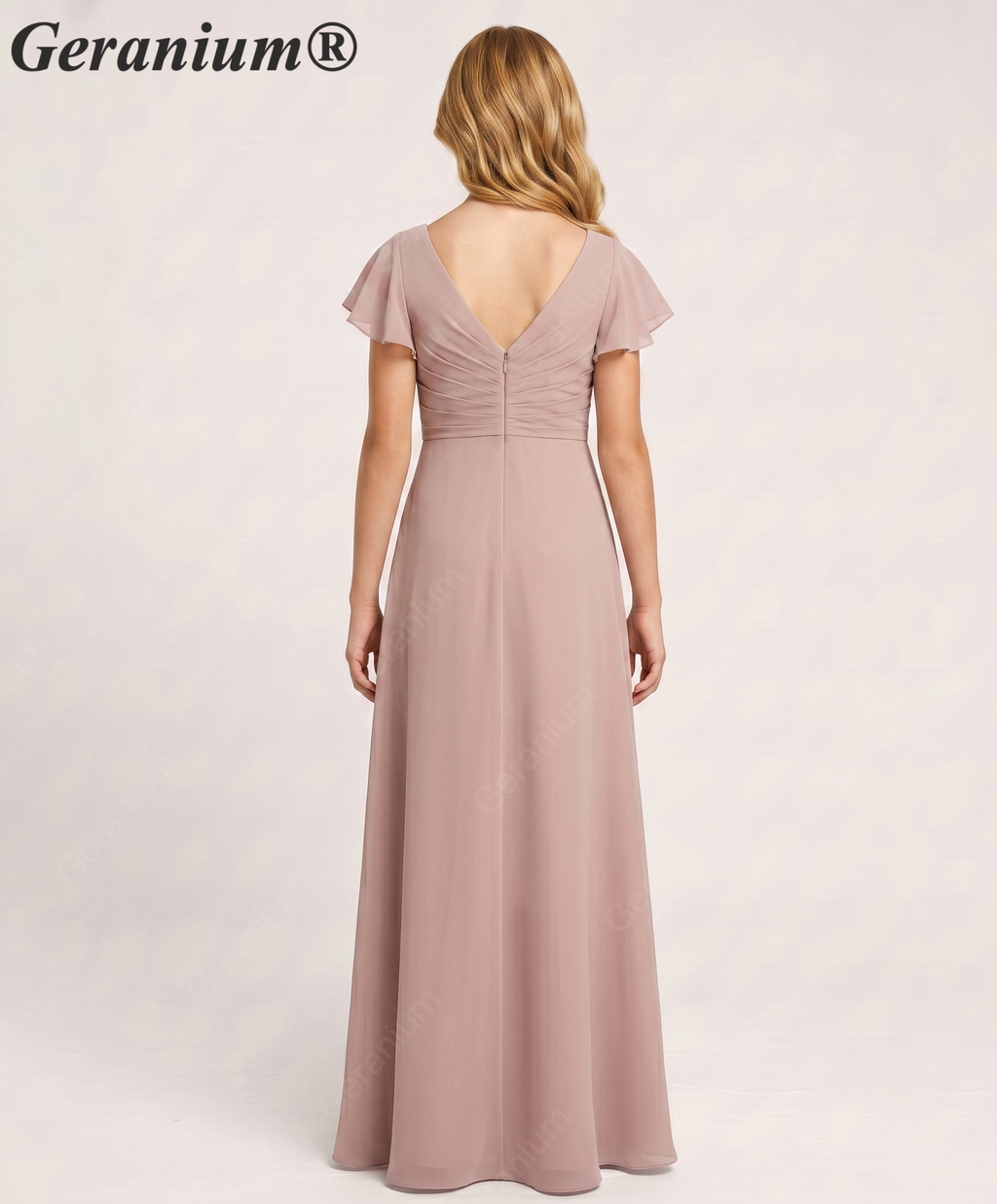 Geranium Elegant Chiffon Flutter Sleeve Junior Bridesmaid Dress with Ruched Bodice KD-319