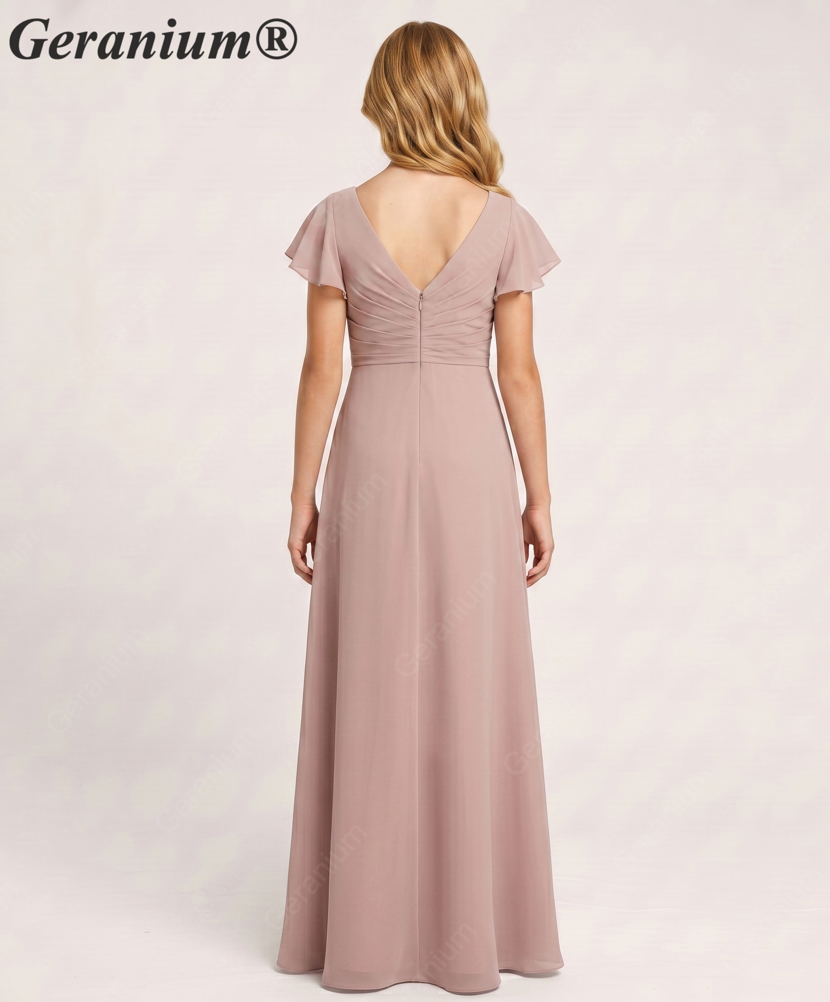 Geranium Elegant Chiffon Flutter Sleeve Junior Bridesmaid Dress with Ruched Bodice KD-319