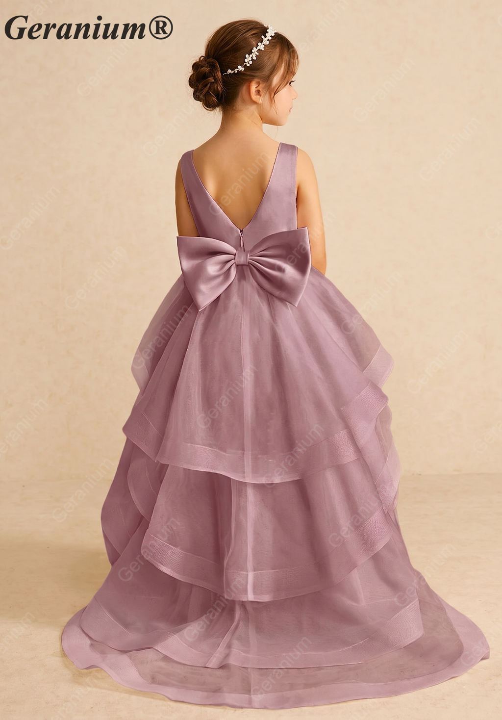 Geranium Elegant Dusty Lavender Satin Flower Girl Dress - Layered Tiered Train & Detachable Bow Back KD-189