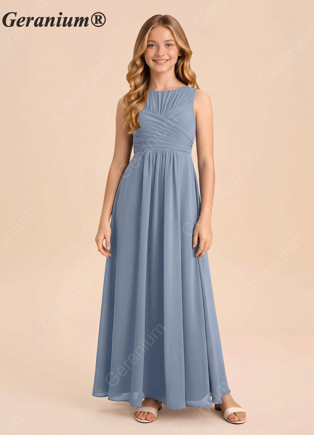 Geranium Dusty Blue Chiffon Junior Bridesmaid Dress – Sleeveless Ruched Bodice A-Line Floor Length Formal Dress KD-80
