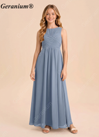 Geranium Dusty Blue Chiffon Junior Bridesmaid Dress – Sleeveless Ruched Bodice A-Line Floor Length Formal Dress KD-80