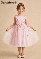 Geranium 3D Floral Applique Flower Girl Dress - Dusty Pink Tulle Princess Gown for Weddings & Birthdays KD-210