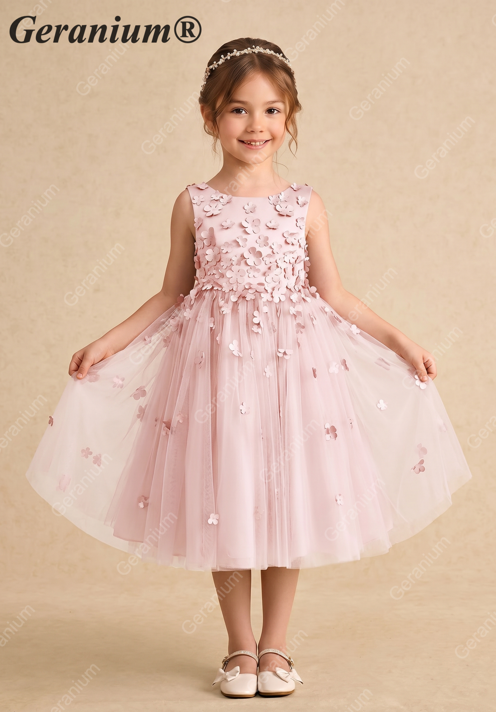 Geranium 3D Floral Applique Flower Girl Dress - Dusty Pink Tulle Princess Gown for Weddings & Birthdays KD-210