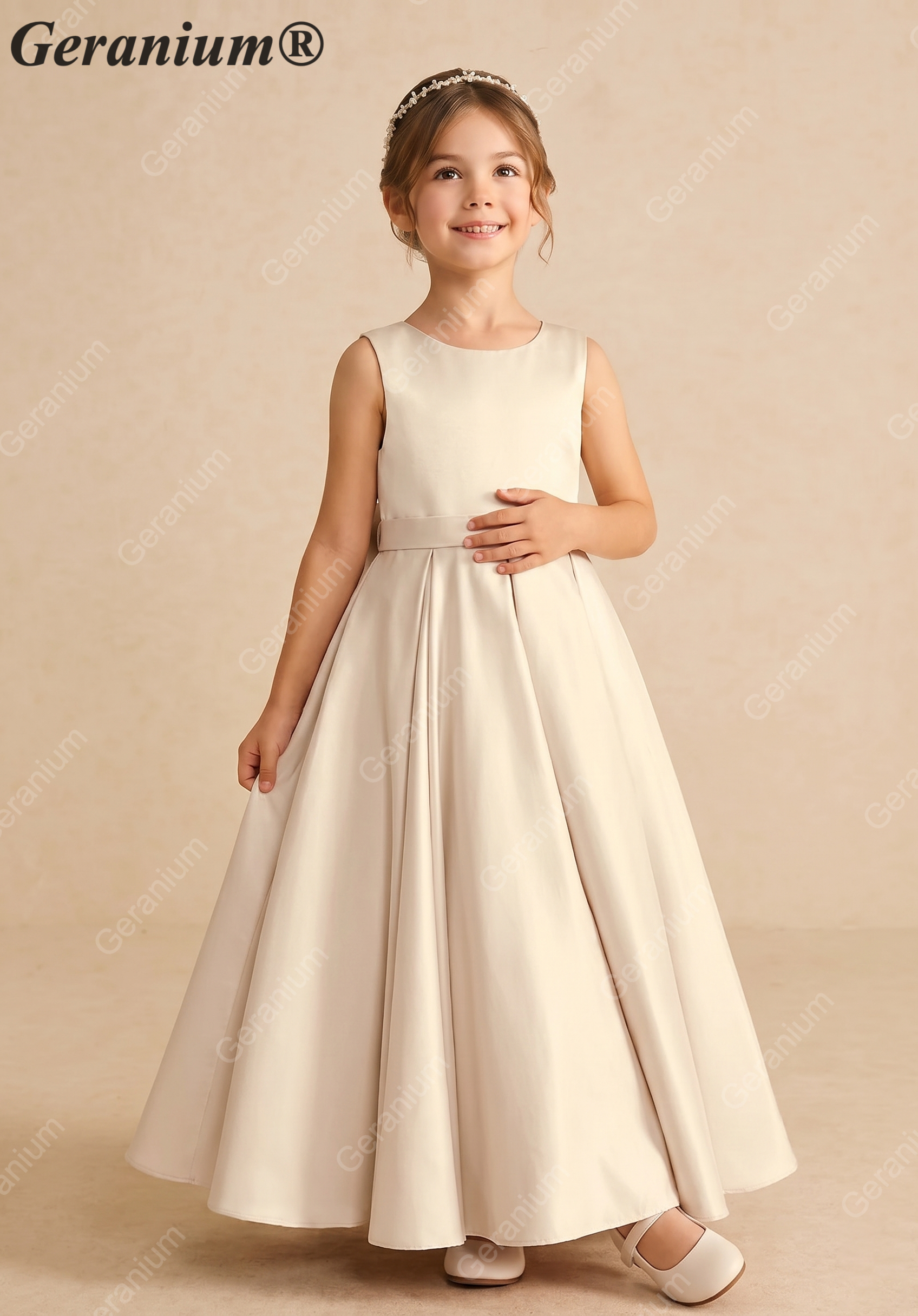 Geranium Elegant Champagne Satin Flower Girl Dress - Back Big Bow A-Line Communion & Party Gown KD-196
